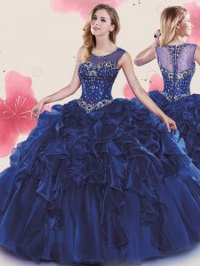 Perfect Scoop Floor Length Royal Blue Quinceanera Gown Organza Sleeveless Ruffles and Sashes ribbons