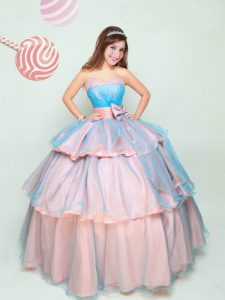 Floor Length Lace Up Quince Ball Gowns Aqua Blue and Peach for Military Ball and Sweet 16 and Quinceanera with Ruffled L
