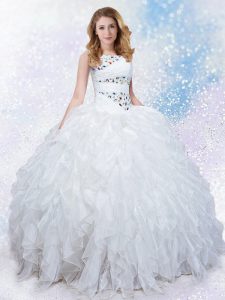 Sleeveless Floor Length Ruffles Lace Up Quinceanera Dresses with White