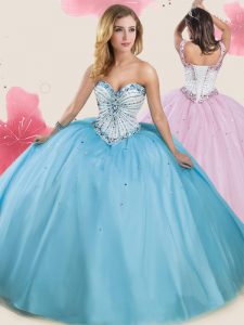 Sweetheart Sleeveless Lace Up Quinceanera Dresses White and Blue And White Tulle