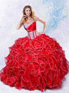 Sleeveless Floor Length Beading and Ruffles Lace Up Quinceanera Dresses with Red