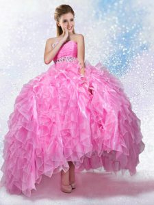 Delicate Rose Pink Lace Up Strapless Beading Quinceanera Dress Organza Sleeveless