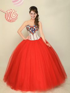 Red Sleeveless Floor Length Appliques Lace Up Sweet 16 Quinceanera Dress