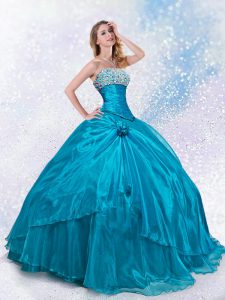 Custom Designed Teal Sleeveless Floor Length Beading and Hand Made Flower Lace Up Quinceanera Gowns
