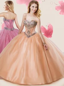 Peach Sweetheart Lace Up Beading and Sashes ribbons Ball Gown Prom Dress Sleeveless