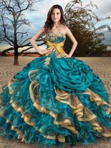 Teal Lace Up Sweetheart Appliques and Ruffles 15 Quinceanera Dress Organza and Taffeta Sleeveless
