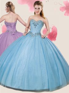 Light Blue Sleeveless Beading and Sequins Floor Length 15th Birthday Dress