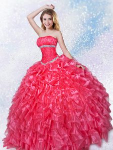 Coral Red Quince Ball Gowns Military Ball and Sweet 16 and Quinceanera and For with Ruffles Strapless Sleeveless Lace Up