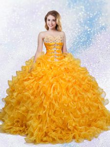 Designer Orange Sleeveless Floor Length Beading and Ruffles Lace Up Quinceanera Gown