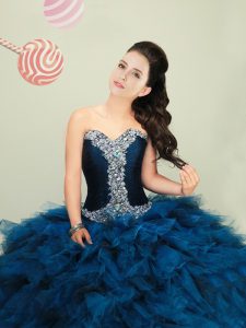 Custom Design Four Piece Brush Train Ball Gowns Sweet 16 Dresses Navy Blue Sweetheart Tulle Sleeveless With Train Lace U