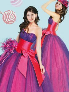 Elegant Hot Pink and Purple Tulle Lace Up Sweetheart Sleeveless Floor Length Sweet 16 Dresses Bowknot