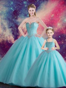 Aqua Blue Ball Gowns Beading Sweet 16 Dress Lace Up Tulle Sleeveless Floor Length