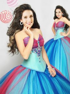 Sleeveless Floor Length Beading Lace Up 15th Birthday Dress with Multi-color