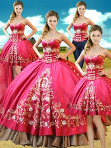 Luxurious Four Piece Sleeveless Taffeta Floor Length Lace Up Quinceanera Gowns in Hot Pink with Beading and Embroidery