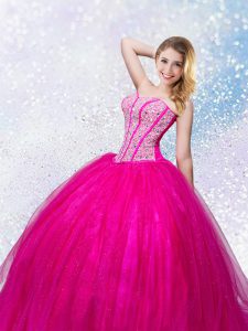 Admirable Hot Pink Lace Up Sweetheart Beading Quinceanera Dresses Tulle Sleeveless