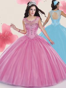 Custom Design Scoop Sleeveless Lace Up Floor Length Beading Quinceanera Gown
