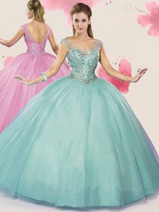 Apple Green Cap Sleeves Tulle Backless Ball Gown Prom Dress for Military Ball and Sweet 16 and Quinceanera