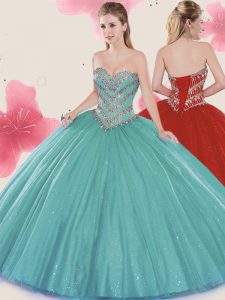 Sexy Sequins Floor Length Turquoise Quince Ball Gowns Sweetheart Sleeveless Lace Up