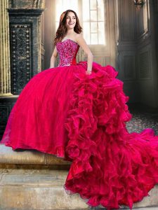Fancy Sweetheart Sleeveless Sweet 16 Dresses With Train Court Train Beading and Lace and Ruffles Red Organza