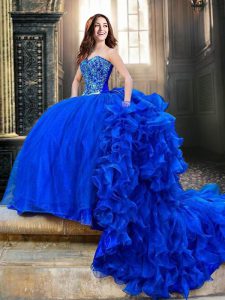 Royal Blue Sleeveless Organza Court Train Lace Up Quinceanera Dress for Military Ball and Sweet 16 and Quinceanera
