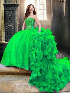 High Class Sleeveless Beading and Ruffles Lace Up Sweet 16 Quinceanera Dress with Green Court Train