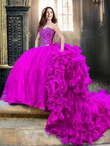 Sleeveless Organza Court Train Lace Up Quinceanera Gown in Fuchsia with Beading and Lace and Ruffles