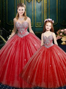 On Sale Sequins Red Sleeveless Tulle and Sequined Lace Up Quinceanera Gowns for Military Ball and Sweet 16 and Quinceane