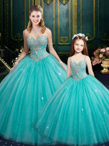 Modest Beading and Sequins Sweet 16 Dresses Aqua Blue Lace Up Sleeveless Floor Length