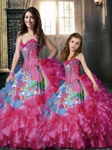 Romantic Organza and Printed Sweetheart Sleeveless Lace Up Beading and Ruffles and Pattern 15th Birthday Dress in Hot Pi