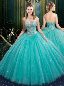 Amazing Aqua Blue Tulle and Sequined Lace Up Quinceanera Dresses Sleeveless Floor Length Beading and Sequins