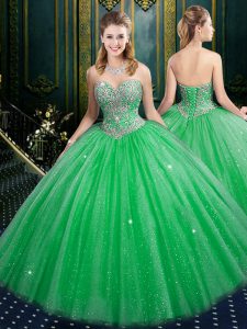 Fitting Sleeveless Floor Length Beading and Sequins Lace Up Sweet 16 Dress with Green