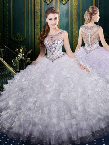 Decent White Quinceanera Gowns Military Ball and Sweet 16 and Quinceanera and For with Beading and Ruffles Scoop Sleevel