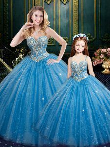 Delicate Tulle and Sequined Sweetheart Sleeveless Lace Up Beading and Sequins Quinceanera Gowns in Baby Blue
