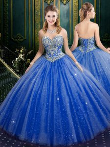 Pretty Sequins Sweetheart Sleeveless Lace Up Quinceanera Dress Blue Tulle and Sequined
