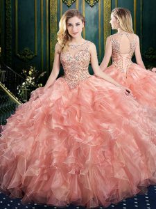 Glamorous Floor Length Watermelon Red Quinceanera Dresses Scoop Sleeveless Lace Up
