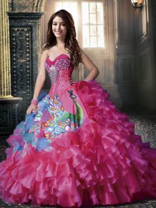 Ball Gowns 15 Quinceanera Dress Hot Pink Sweetheart Organza and Printed Sleeveless Floor Length Lace Up