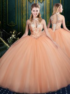 Shining Halter Top Floor Length Ball Gowns Sleeveless Peach Quinceanera Gowns Lace Up