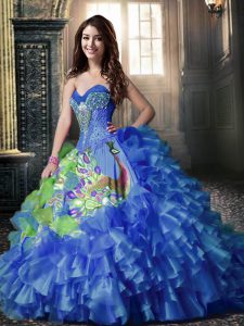 Fancy Printed Royal Blue Sweetheart Neckline Beading and Ruffles and Pattern Sweet 16 Quinceanera Dress Sleeveless Lace 