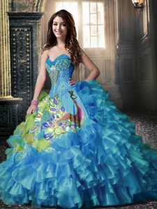 Custom Designed Printed Aqua Blue Sweetheart Neckline Beading and Ruffles and Pattern Quinceanera Gown Sleeveless Lace U
