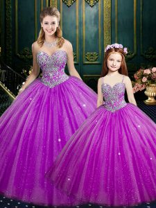 Sleeveless Tulle and Sequined Floor Length Lace Up Quince Ball Gowns in Fuchsia with Beading and Sequins