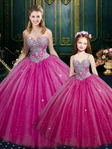 Floor Length Lace Up Quince Ball Gowns Hot Pink for Military Ball and Sweet 16 and Quinceanera with Beading and Sequins