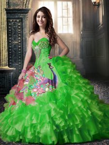 Green Organza and Printed Lace Up Sweet 16 Quinceanera Dress Sleeveless Floor Length Beading and Ruffles and Pattern
