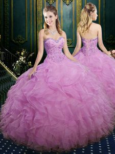 Unique Lilac Organza Lace Up Vestidos de Quinceanera Sleeveless Floor Length Beading and Ruffles
