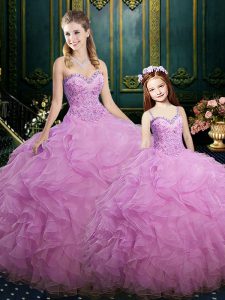 Graceful Lilac Ball Gowns Sweetheart Sleeveless Organza Floor Length Lace Up Beading and Ruffles 15th Birthday Dress
