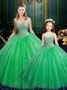 Sleeveless Tulle and Sequined Floor Length Lace Up Quince Ball Gowns in Green with Beading and Sequins