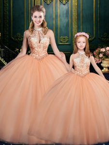 Halter Top Sleeveless Lace Up Quinceanera Gowns Peach Tulle