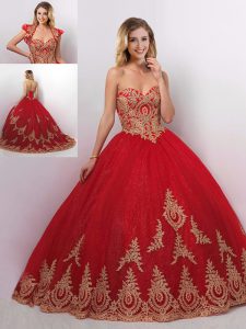 Trendy Ball Gowns Sleeveless Red 15 Quinceanera Dress Brush Train Lace Up