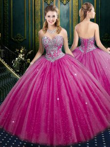 Sweetheart Sleeveless Quinceanera Gowns Floor Length Beading and Sequins Hot Pink Tulle and Sequined