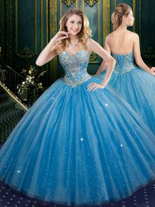 Fashionable Baby Blue Ball Gowns Tulle and Sequined Sweetheart Sleeveless Beading and Sequins Floor Length Lace Up Vesti