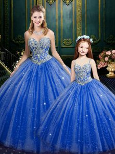 Blue Tulle and Sequined Lace Up Sweetheart Sleeveless Floor Length 15th Birthday Dress Beading and Sequins